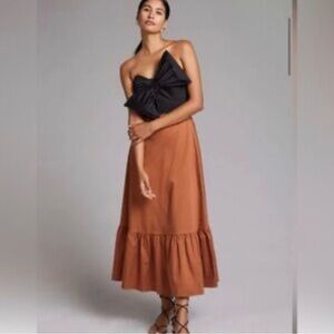 Anthropologie Black and Tan Midi Dress with Ruffle Hem